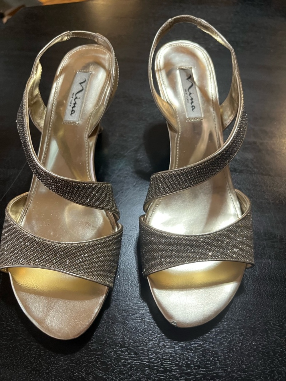 Nina Newark Gold Glitter Slingback Heel Sandals — 9.5M